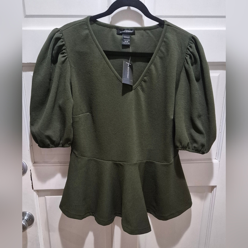Ashley Stewart Olive Textured Peplum Top Puff Sleeve Stretch Size 14/16 NWT